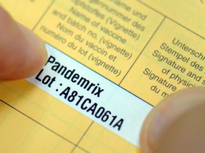 Als Nachweis für die erfolgte Impfung gegen die Schweinegrippe klebt ein Arzt einen Aufkleber in den Impfausweis eines Patienten. Impfausweis