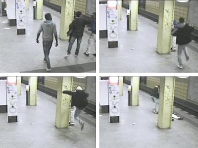 Bildkombo mit Video-Aufnahmen einer Überwachungskamera im U-Bahnhof in Berlin-Lichtenberg vom 11. Februar. Foto: Polizei-Video Überwachungskamera