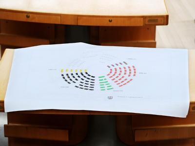 Ein Plan mit der genauen Sitzverteilung der Parteien im nordrhein-westfälischen Landtag in Düsseldorf. Sitzverteilung