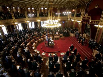 Blick in eine Sitzung des Storting, des norwegischen Parlaments. Storting