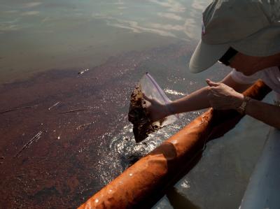 Vor der Küste von Louisiana wird eine Probe des mit Öl verschmutzten Wassers genommen. Probenentnahme