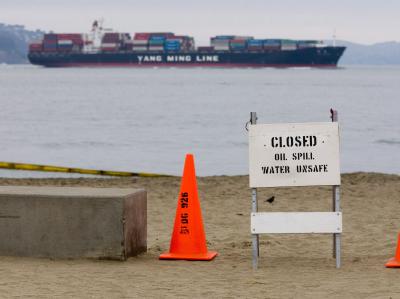 Ein Warnschild im November 2007 an einem Strand bei San Francisco. «Cosco Busan»