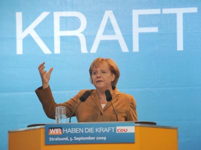 Bundeskanzlerin Angela Merkel am Samstag bei einem Wahlkampfauftritt in Stralsund. CDU-Bundestagswahlkampf