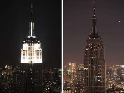 Das Empire State Building, das höchste Gebäude New Yorks, in wechselnder Beleuchtung. Empire State Building würdigt Gedenktage