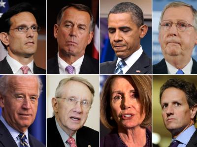 Die Hauptakteure in US-Schuldenstreit: (v.l.o.n.r.u.) Eric Cantor, John Boehner, Barack Obama, Mitch Mcconnell, Joe Biden, Harry Reid, Nancy Pelosi und Timothy Geithner. (Archivbilder) Gesichter des Schuldenstreits