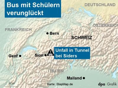 In der Schweiz ist ein Bus mit 52 Menschen verunglückt. Karte: Stepmap.de Busunglück in der Schweiz