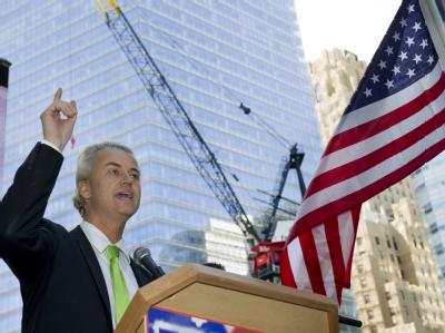 Der niederländische Politiker Geert Wilders spricht auf einer Demo am Ground Zero. Protest am Ground Zero - Geert Wilders