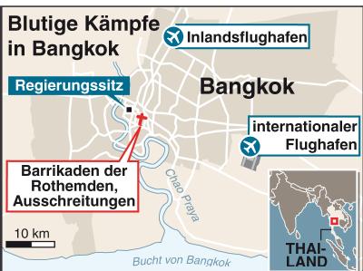 Grafik zu den Brennpunkten des Konflikts in Bangkok. Kämpfe in Bangkok