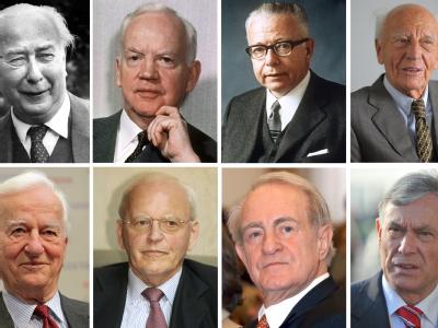 Die ehemaligen Bundespräsidenten (l-r, o-u) Theodor Heuss, Heinrich Lübke, Gustav Heinemann, Walter Scheel, Richard von Weizsäcker, Roman Herzog, Johannes Rau und Horst Köhler. Fotos: dpa Ehemalige Bundespräsidenten