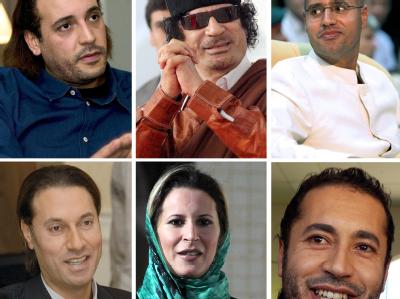 Mitglieder der Familie Gaddafi (v.l. oben im Uhrzeigersinn): Sohn Hannibal al-Gaddafi, Muammar al-Gaddafi, Sohn Saif al-Islam al-Gaddafi, Sohn Al-Saadi al-Gaddafi, Tochter Aisha al-Gaddafi, Mutassim al-Gaddafi. Archivfotos: epa Mitglieder der Familie Gaddafi