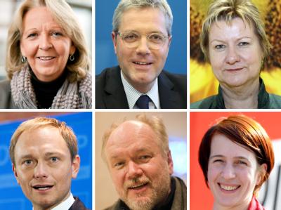 Die Kombo zeigt die Spitzenkandidaten von SPD, CDU, Bündnis 90/Die Grünen, FDP, der Piratenpartei und der Linkspartei (l-r): Ministerpräsidentin Hannelore Kraft, Bundesumweltminister Norbert Röttgen, Schulministerin Sylvia Löhrmann, FDP-Landeschef Christi NRW-Spitzenkandidaten