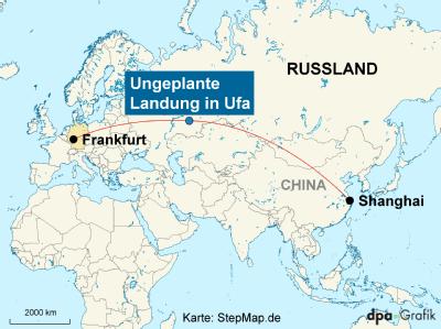 Weil sich in der Kabine ein «elektrischer Geruch» ausbreitete, musste eine Lufthansa-Maschine im russischen Ufa landen. Karte: Stepmap.de Lufthansa-Maschine landet ungeplant