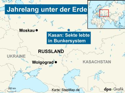 Mitglieder einer Sekte haben im russischen Kasan mehrere Jahre ohne Sonnenlicht und Heizung gelebt. Quelle: stepmap.de Jahrelang unter der Erde