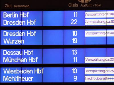 Verspätet: Anzeigetafel der Deutschen Bahn auf dem Hauptbahnhof Leipzig. Bahnhof in Leipzig