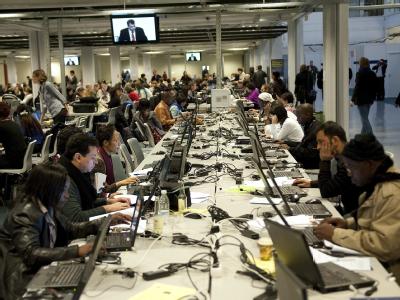 Warten auf gute Nachrichten: Medienzentrum beim Klimagipfel in Kopenhagen. Medienzentrum in Kopenhagen
