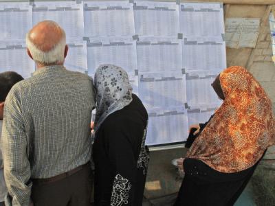 Iraker suchen ihre Namen auf ausgehängten Wählerlisten. Parlamentswahlen im Irak