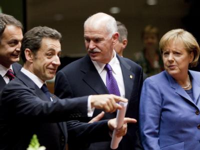José Luis Rodríguez Zapatero, Nicolas Sarkozy, Giorgos Papandreou und Angela Merkel. EU-Gipfel in Brüssel