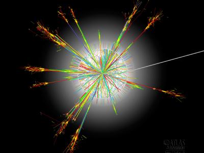 Die Illustration zeigt die Kollision von Atomkernen, Tausende von neuerzeugten Teilchen fliegen dabei in alle Richtungen. Kollision von Atomkernen