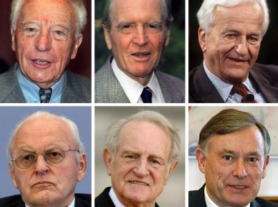 Die Bildkombo zeigt die bisherige Bundespräsidenten Walter Scheel, Karl Carstens, Richard von Weizsäcker, Roman Herzog, Johannes Rau und Horst Köhler. Köhler erklärt Rücktritt