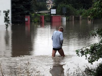Ein Mann watet durch das Wasser der Neiße im ostsächsischen Zittau. Hochwasser in Zittau
