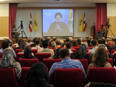 Hisbollah-Chef Hassan Nasrallah war einer Pressekonferenz in Beirut per Video zugeschaltet. Hisbollah-Chef