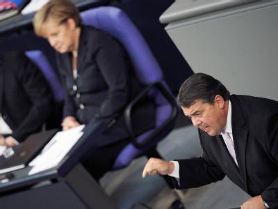 SPD-Chef Gabriel während seiner Ausführungen im Bundestag. Im Bundestag