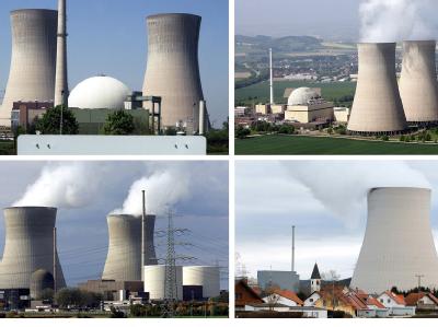 Atomkraftwerke in Deutschland - Das Atomkraftwerk in Grafenrheinfeld bei Schweinfurt (oben links), Grohnde an der Weser (oben rechts), das Gundremmingen (2. Reihe l) , und der Kühlturm des Atomkraftwerkes Isar 1 und 2 nahe Essenbach in Niederbayern (2. Re Atomkraftwerke in Deutschland