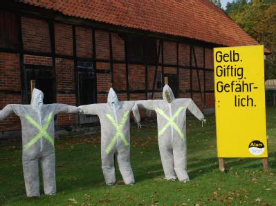 Strohpuppen, die verstrahlte Menschen darstellen sollen, am Samstag in dem Dorf Gusborn nahe Gorleben. Castor Gegner