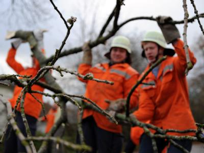 Männer der freiwilligen Feuerwehr beseitigen im schleswig-holsteinischen Aukrug-Homfeld einen auf die Straße gefallenen Baum. Feuerwehr beseitigt Sturmschäden