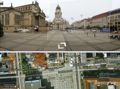 Ach schau an: Mit dem neuen Internet-Kartendienst Google Street View zeigt die obere Hälfte eines Computerbildschirmes den Berliner Gendarmenmarkt in 3D-Ansicht. Unten im Bild ist die dazugehörige herkömmliche Kartendarstellung von Google Maps zu sehen. Google startet Street View in Deutschland