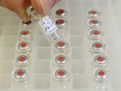 Behälter mit Ei-Proben für einen Dioxin-Test. Tests auf Dioxin-Belastung