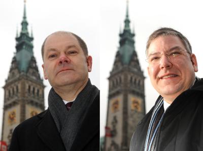 Olaf Scholz (l) tritt als Spitzenkandidat der SPD an, Christoph Ahlhaus möchte das Rathaus für die CDU verteidigen. Olaf Scholz und Christoph Ahlhaus