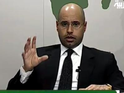 Saif al-Islam al-Gaddafi (38) ist das sanfte Gesicht des despotischen Gaddafi-Clans. (Aufnahme des Fernsehsenders Al Arabya) Saif al-Islam al-Gaddafi