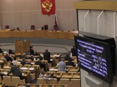 Ein Bildschirm zeigt das Ergebnis für die Libyen-Resolution in der russischen Staatsduma. Staatsduma