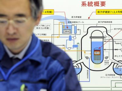 Ein Mitarbeiter von Tepco vor einem Plan des Unglücksreaktors. Tepco-Pressekonferenz