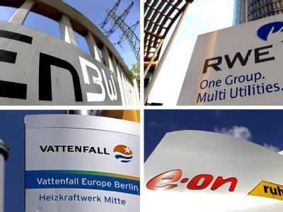 Logos der vier großen Energiekonzerne EnBW (l, oben), RWE (r, oben), Vattenfall (l, unten) und Eon (r, unten). Atomkonzerne