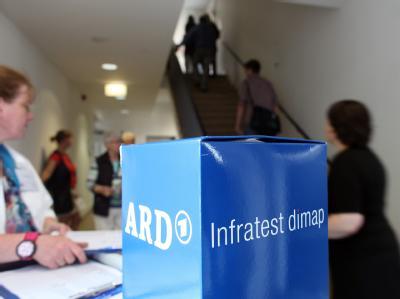 Mitarbeiter vom Meinungsforschungsinstitut Infratest dimap warten in Bremen vor einem Wahlraum auf Wähler zur Befragung. dimap