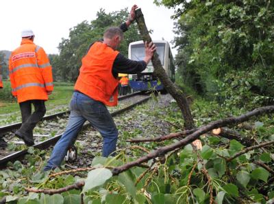 Arbeiter der Deutschen Bahn räumen in Waldkirch-Buchholz (Kreis Emmendingen) das Gleis der Elztalbahn. Blockiertes Gleis