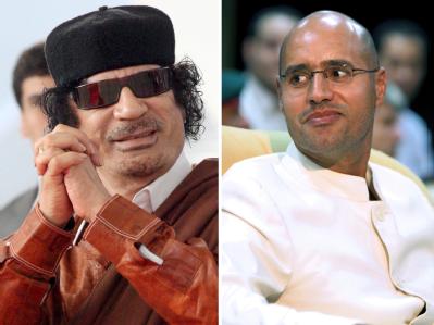 Gegen Libyens Machthaber Al-Gaddafi (l) und seinen Sohn Saif al-Islam al-Gaddafi wurden Haftbefehle erlassen. Gaddafi und sein Sohn