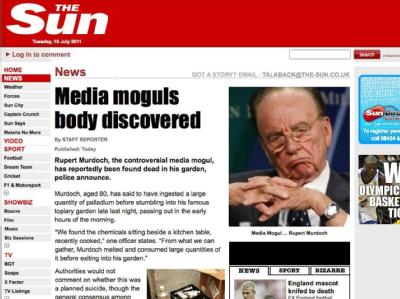 Gehackte «The Sun»-Webseite, auf der eine gefälschte Todesmeldung des Medienmoguls Rupert Murdoch platziert wurde. Gehackte Webseite von «The Sun»