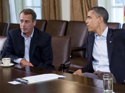 US-Präsident Obama bei einem Krisentreffen mit dem republikanischen Spitzenpolitiker John Boehner. Obama und Boehner