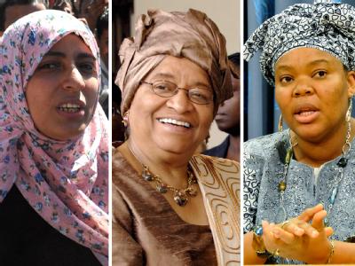 Die jemenitische Menschenrechtlerin Tawakkul Karman (l), Liberias Präsidentin Ellen Johnson-Sirleaf (M) und die liberianische Menschenrechtlerin Leymah Gbowee (r). Fotos: Yahya Arhab, Alessandro Contaldo, UN Photo Friedensnobelpreis an drei Frauen