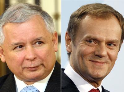 Der polnische Oppositionsführer Jaroslaw Kaczynski und der polnische Ministerpräsident Donald Tusk (r). Fotos: Radek Pietruska/ Wolfgang Kumm Kaczynski und Tusk