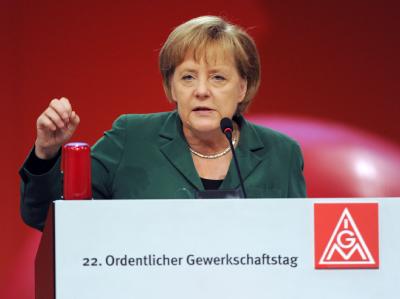Bundeskanzlerin Merkel spricht vor dem Gewerkschaftstag der IG Metall in Rheinstetten. bei Karlsruhe. Foto: Franziska Kraufmann Merkel besucht IG Metall