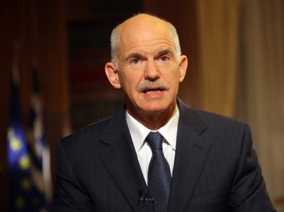 Der griechische Premierminister Giorgos Papandreou bei einer Fernsehansprache. Foto: EPA/VASSILIS FILIS / PRIME MINISTER PRESS OFFICE Premierminister Giorgos Papandreou