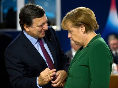 Beim Thema Eurobonds geteilter Meinung: EU-Kommissionspräsident Barroso und Kanzlerin Merkel. Archivfoto: Peer Grimm Barroso und Merkel