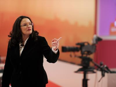 SPD-Generalsekretärin Andrea Nahles vor Beginn des Bundesparteitags in Berlin. Foto: Hannibal Andrea Nahles