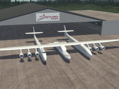 Undatiertes Computerbild zeigt die Vision des bisher größten Flugzeuges auf der Welt, von dem aus Satelliten oder auch Raumfahrzeuge gestartet werden sollen. Foto: Stratolaunch Riesenvogel