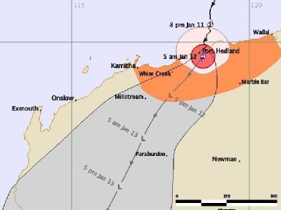 Die Karte zeigt den voraussichtlichen Weg von Zyklon «Heidi» über Westaustralien. Foto: Australian Bureau of Meteorology Zyklon «Heidi»