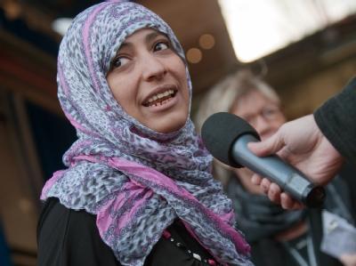 Die jemenitische Friedensnobelpreisträgerin Tawakkul Karman bei ihrer Ankunft auf der 48. Sicherheitskonferenz in München. Foto: Andreas Gebert Tawakkul Karman